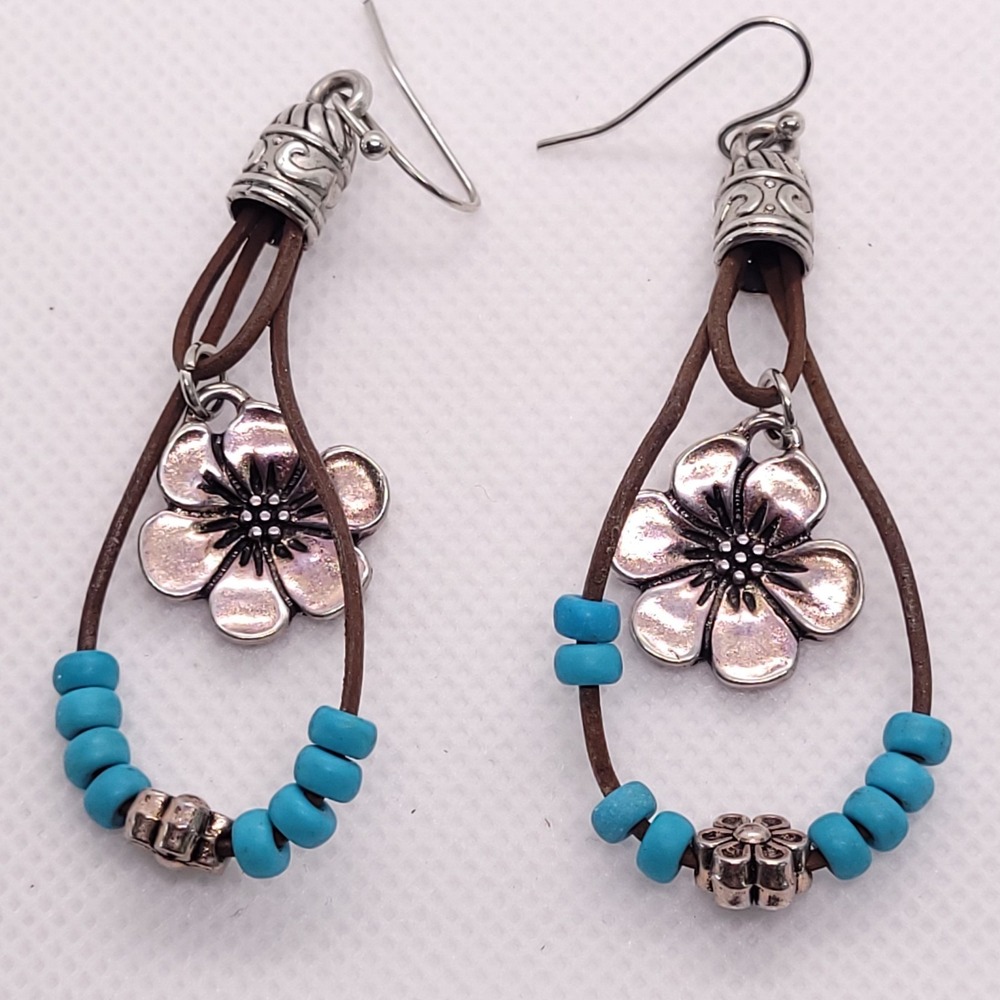 Silver Tone Turquoise Bead Leather Flower Boho Maximalist Dangle Earrings
